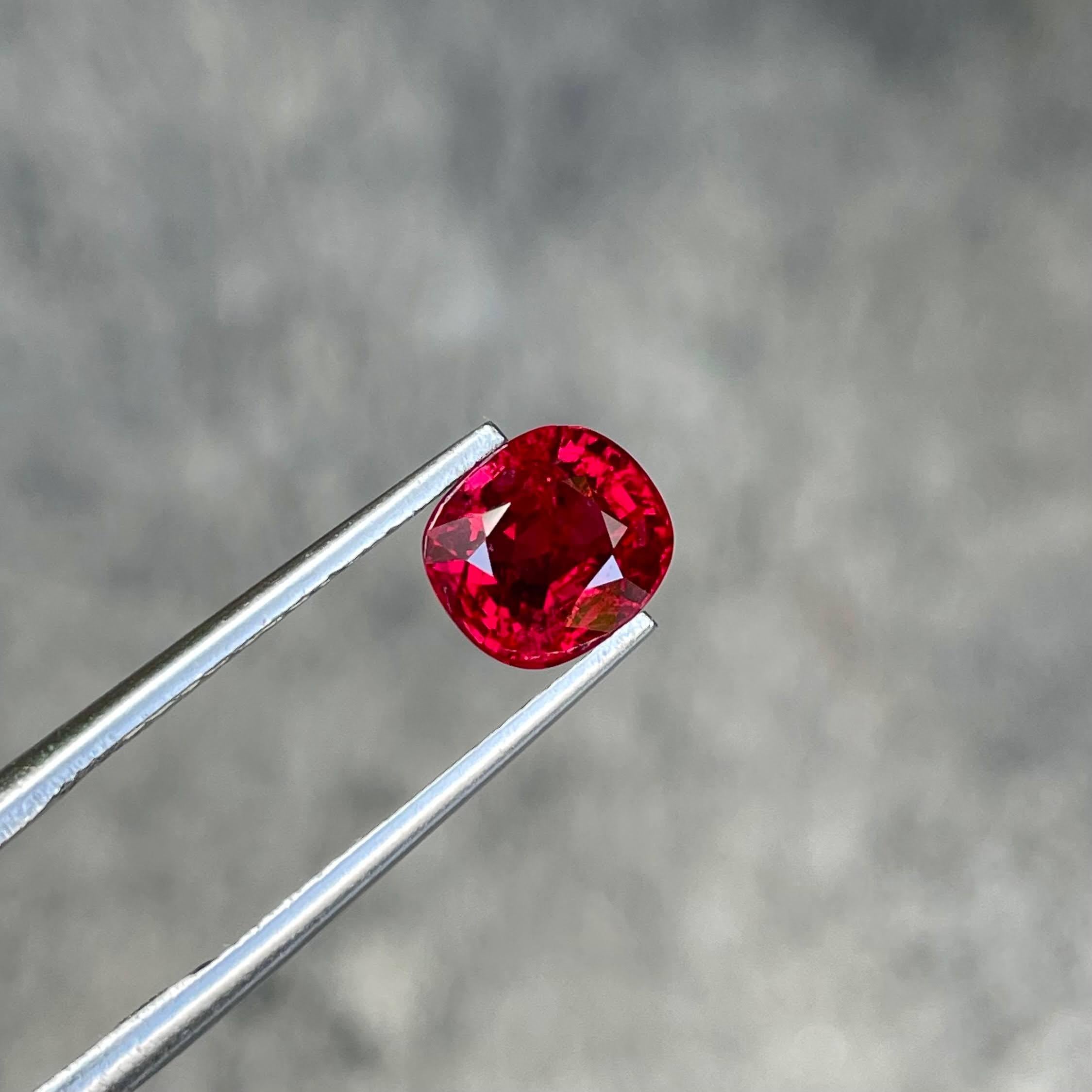 2.05 carats 
7.48x6.69x4.90 mm
Treatment None
Clarity VVS
Origin Burma
Shape Cushion
Cut Step Cushion



The exquisite beauty of a 2.05-carat Red Burmese Spinel is captured in its mesmerizing Step Cushion Cut, showcasing the gemstone's natural