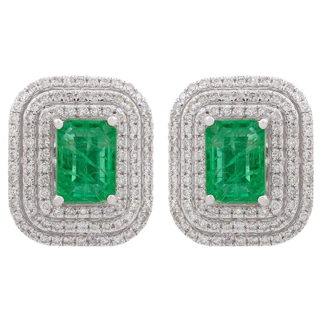 2.05 Carats Zambian Emerald Diamond 14 Karat Gold Stud Earrings For Sale