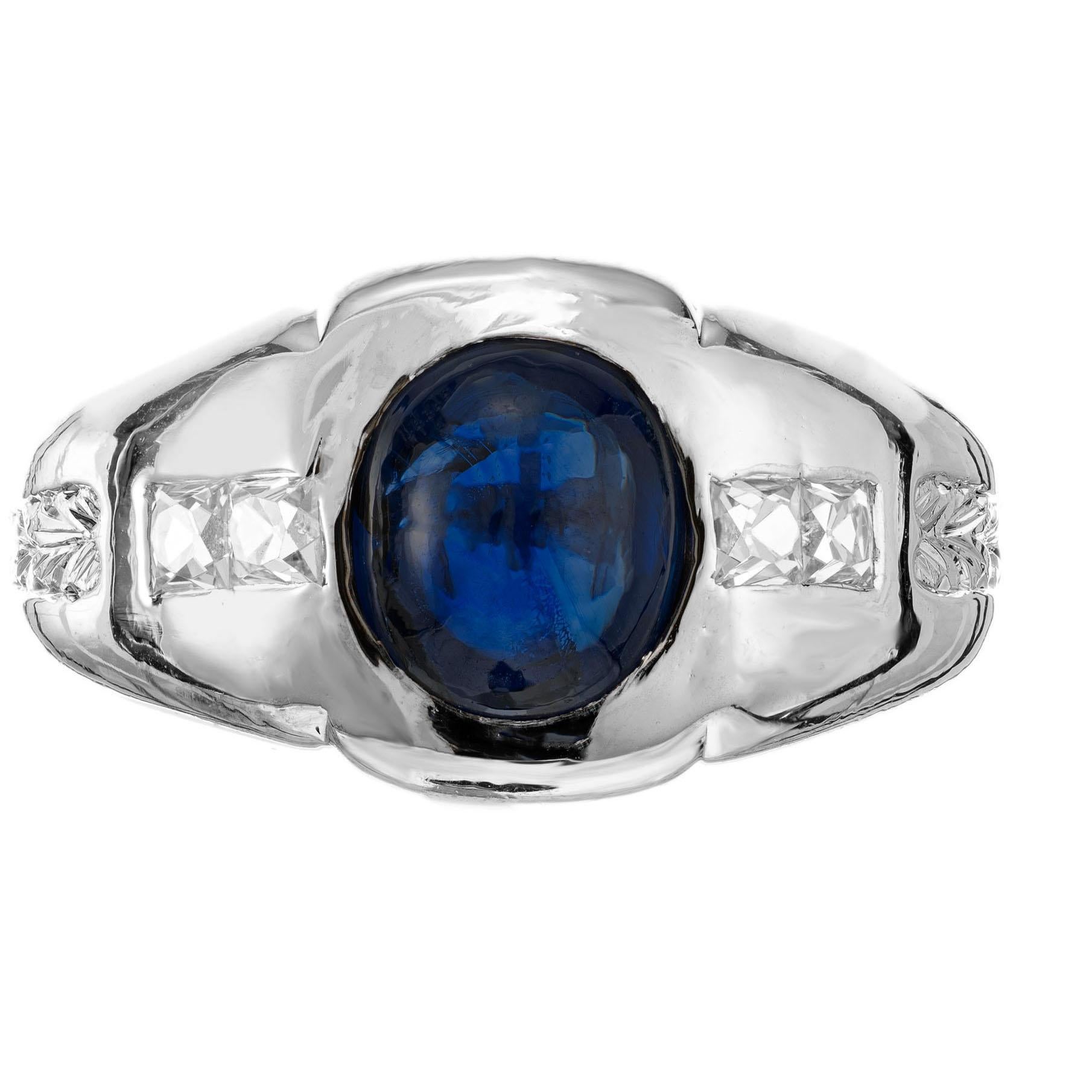 2.05 Carat Cabochon Sapphire Diamond Art Deco Platinum Men's Ring In Good Condition In Stamford, CT