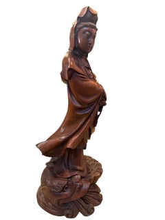 20.5" Circa 1920 Chinese hand-carved boxwood Guanyin (Quan Yin) standing statue.