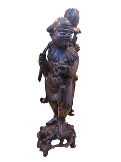 24'' 1920 Chinese hand-carved hardwood Liu Hai and Golden Toad standing statue