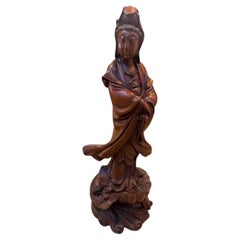 20.5" Circa 1920 Chinese hand-carved boxwood Guanyin (Quan Yin) standing statue.