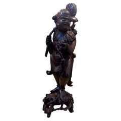 24'' 1920 Chinese hand-carved hardwood Liu Hai and Golden Toad standing statue