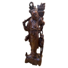 21.5"Circa 1920 Chinese hand-carved hardwood statue of a female immortal