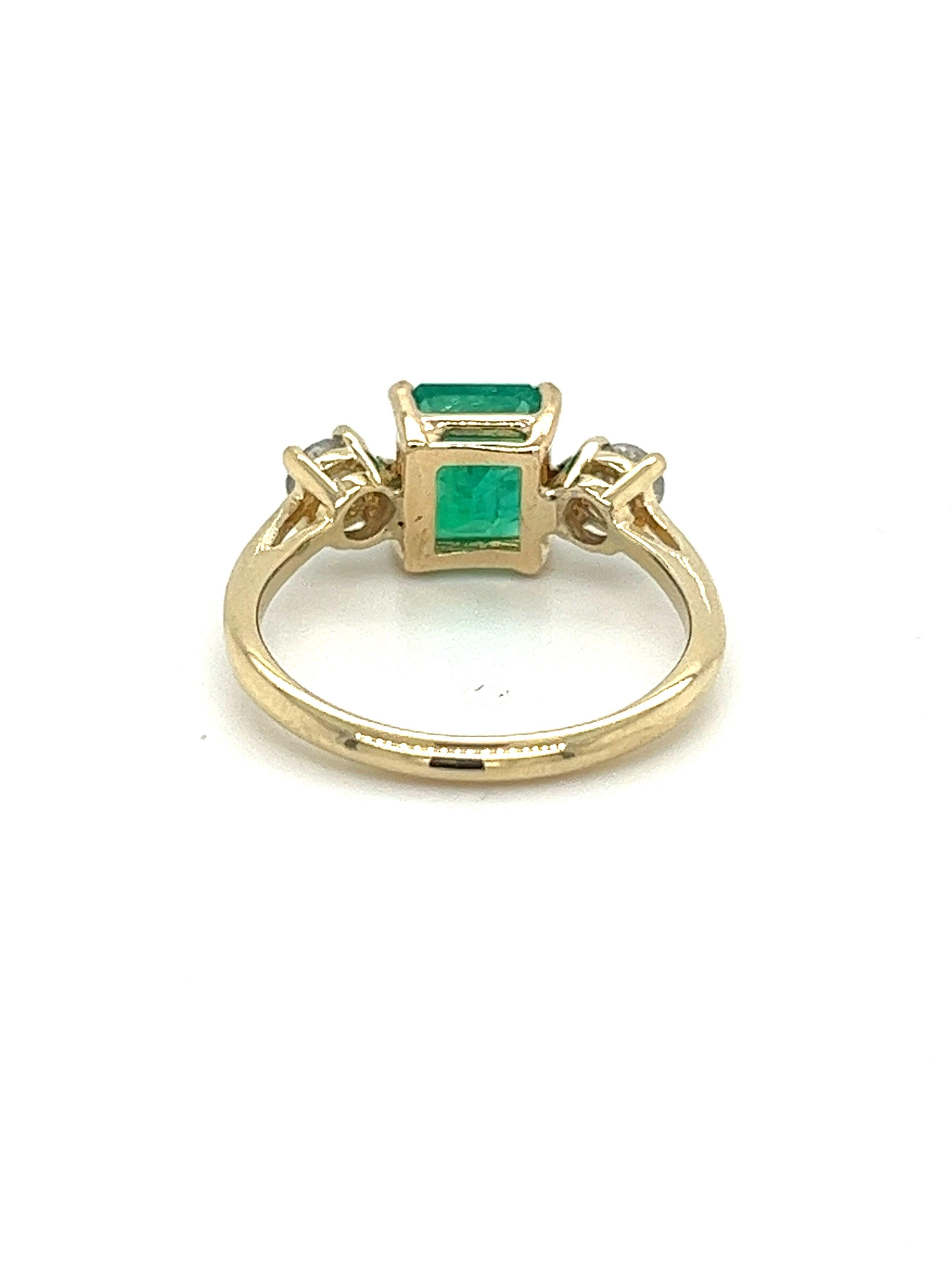 Women's 2.05 Colombian Emerald & Diamond Three-Stone Thin Band Ring in 14K Yellow Gold For Sale