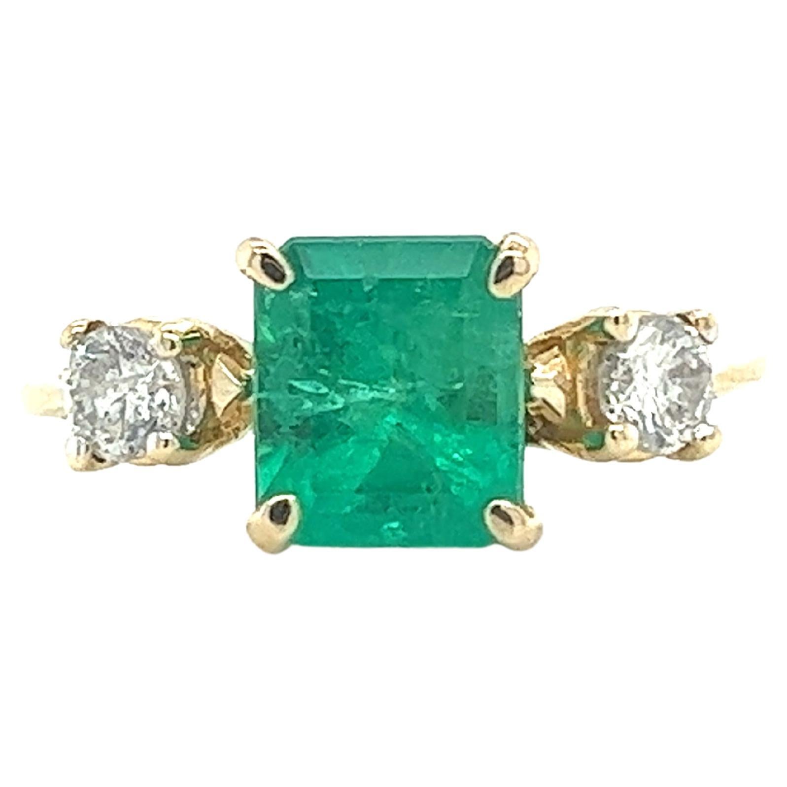 2.05 Colombian Emerald & Diamond Three-Stone Thin Band Ring in 14K Yellow Gold For Sale