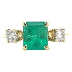 2.05 Colombian Emerald & Diamond Three-Stone Thin Band Ring in 14K Yellow Gold