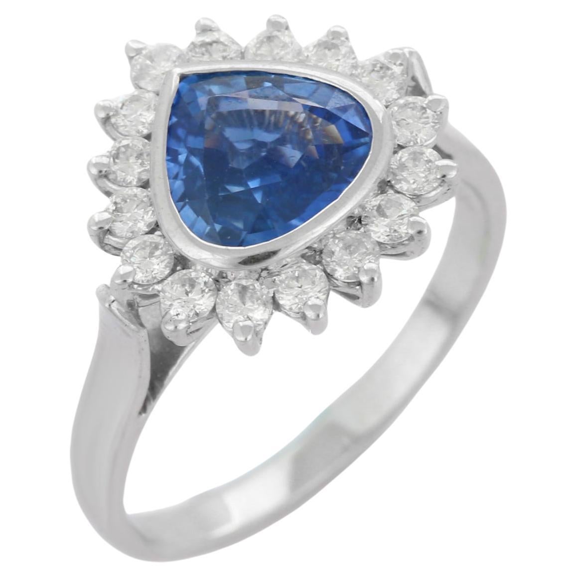 For Sale:  2.05 ct Blue Sapphire and Diamond Halo Engagement Ring in 18K White Gold