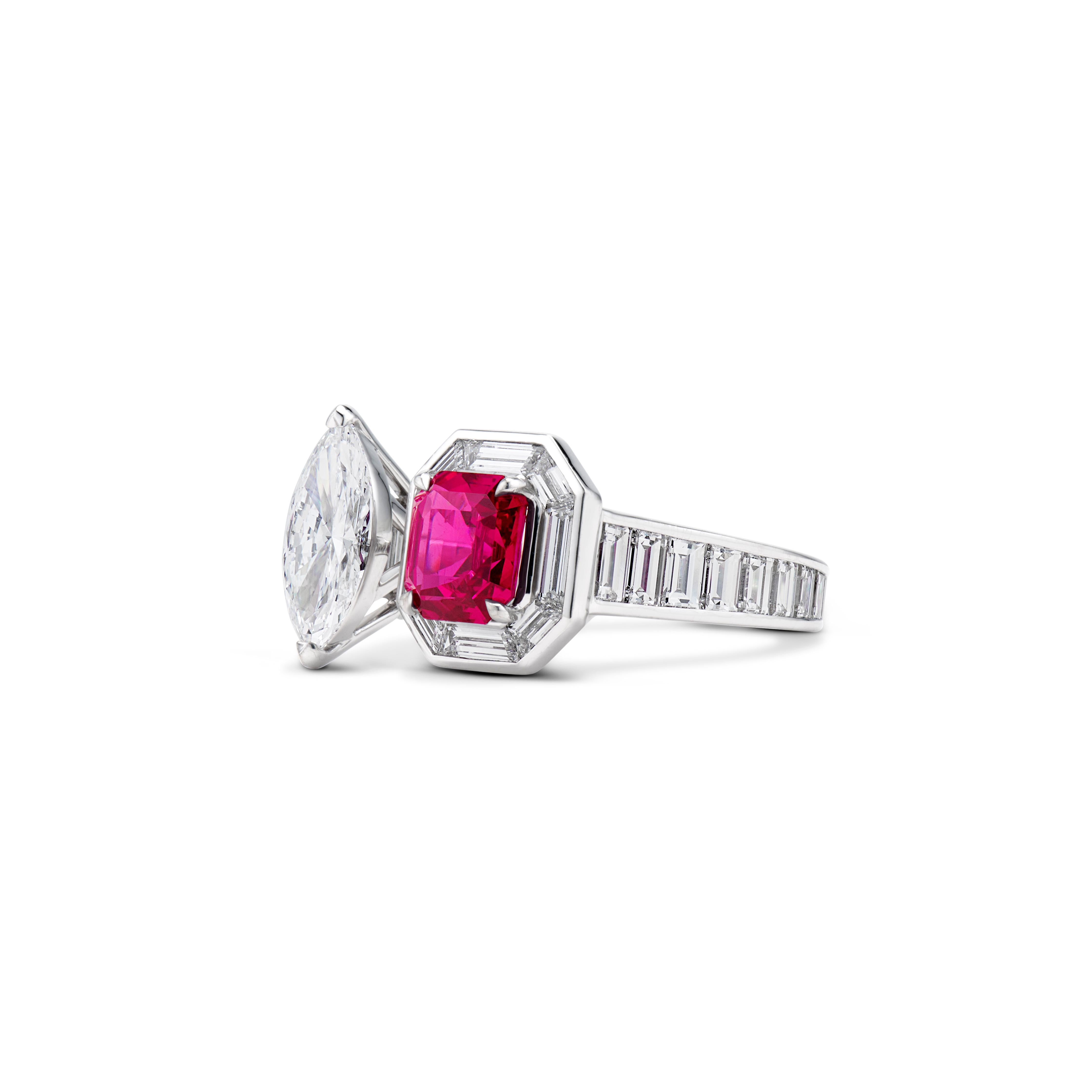 From the Passion & Strength collection, the Ruby & Marquise Diamond Ring is a timelessly designed toi et moi-style ring. 
The ring features a 2.05-carat GRS certied “vibrant” Mozambican no-heat ruby ensconced in a regal halo of custom-cut baguette