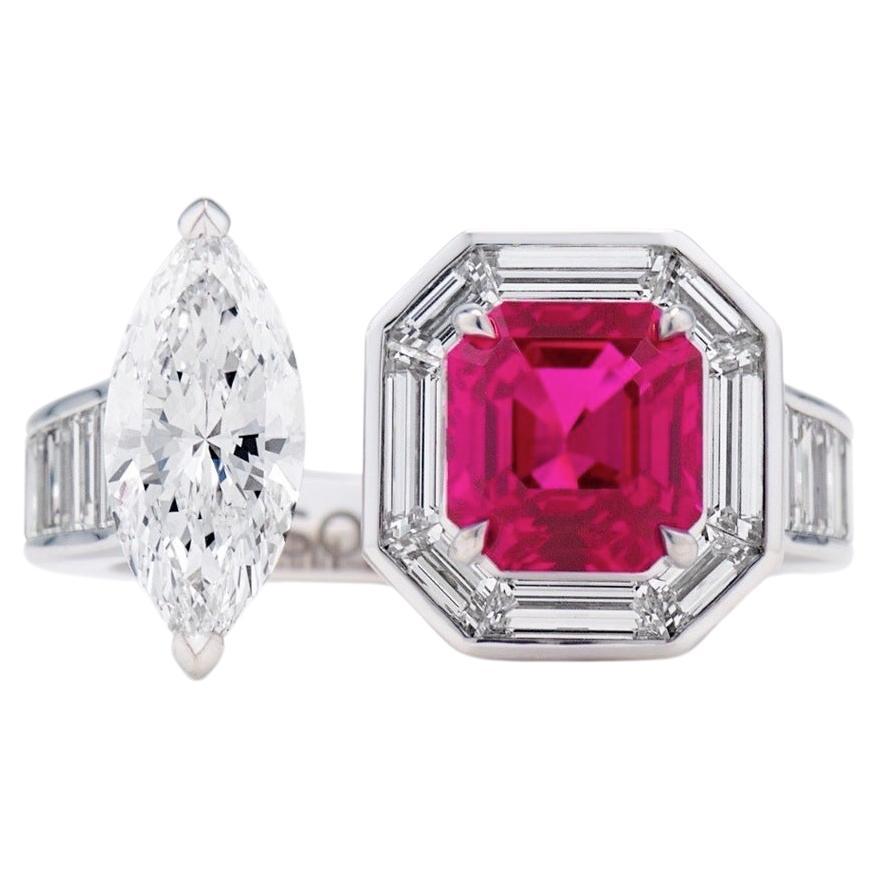 2.05 ct Mozambique Ruby and Marquise Diamond Ring For Sale