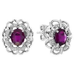2,05 ct. Ohrstecker im Vintage-Stil mit Rubin, Rubin und Diamant aus 14 Karat Weißgold