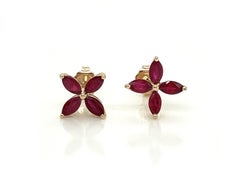 2.05 Total Carat Ruby Flower Motif Pushback Earrings in 14K Yellow Gold