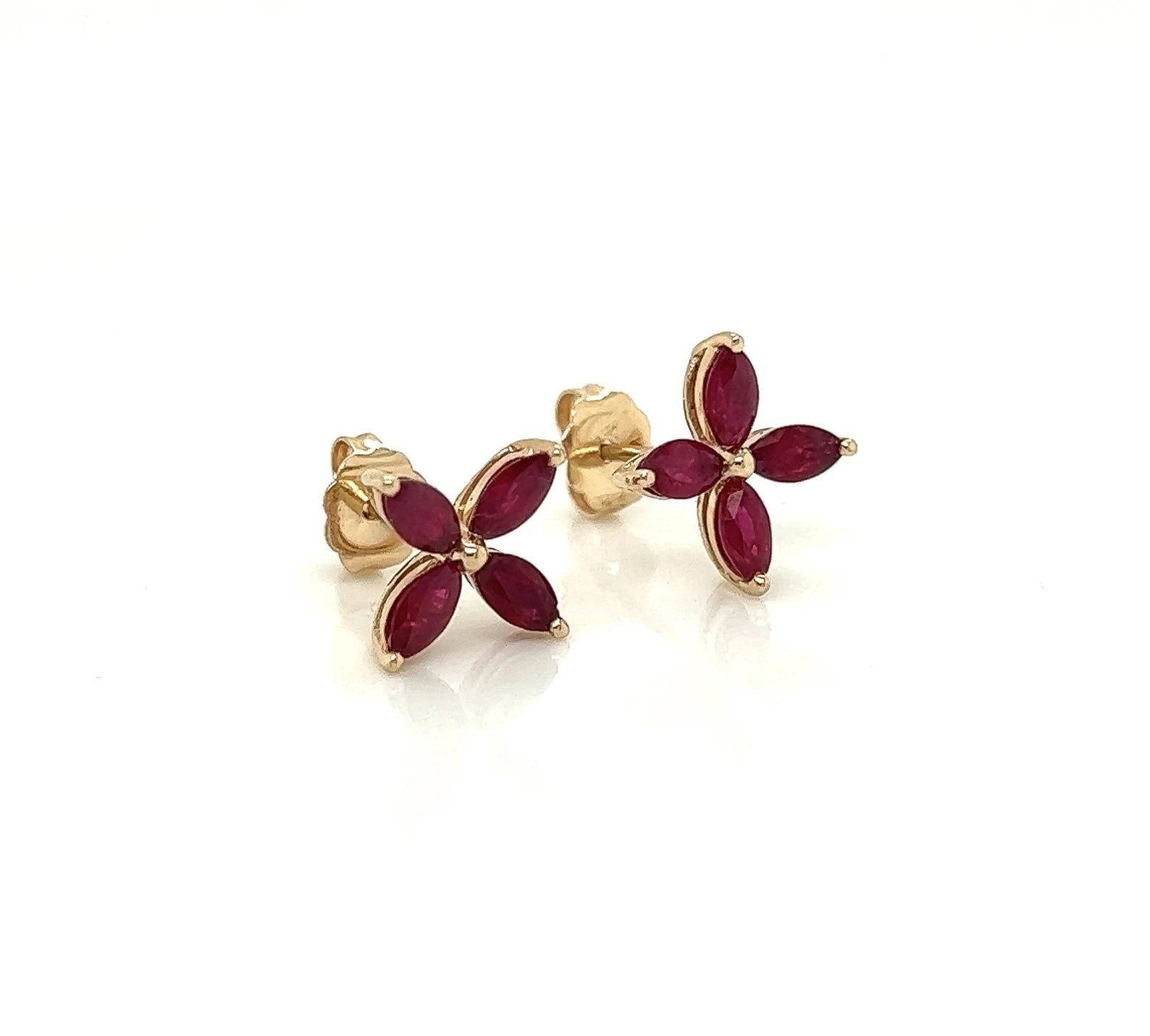 Marquise Cut 2.05 Total Carat Ruby Flower Motif Pushback Earrings in 14K Yellow Gold For Sale