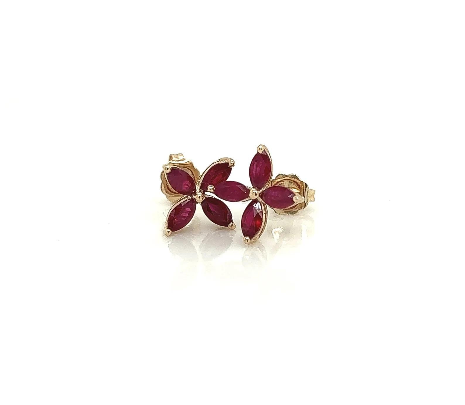 2.05 Total Carat Ruby Flower Motif Pushback Earrings in 14K Yellow Gold In New Condition For Sale In New York, NY
