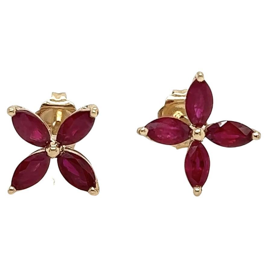 2.05 Total Carat Ruby Flower Motif Pushback Earrings in 14K Yellow Gold For Sale