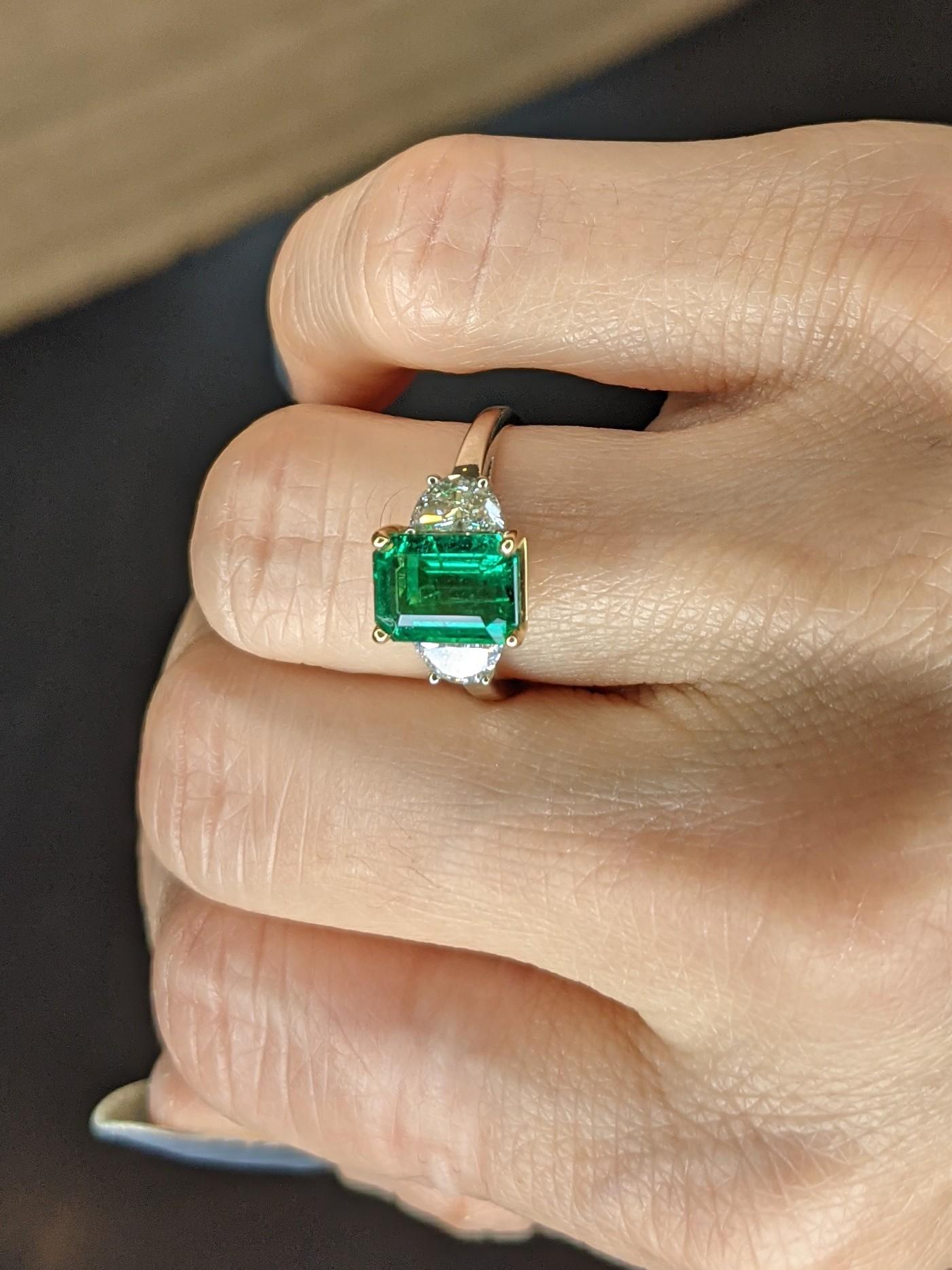 Emerald Cut 2.05 Zambian Emerald Diamond 3-Stone Ring For Sale