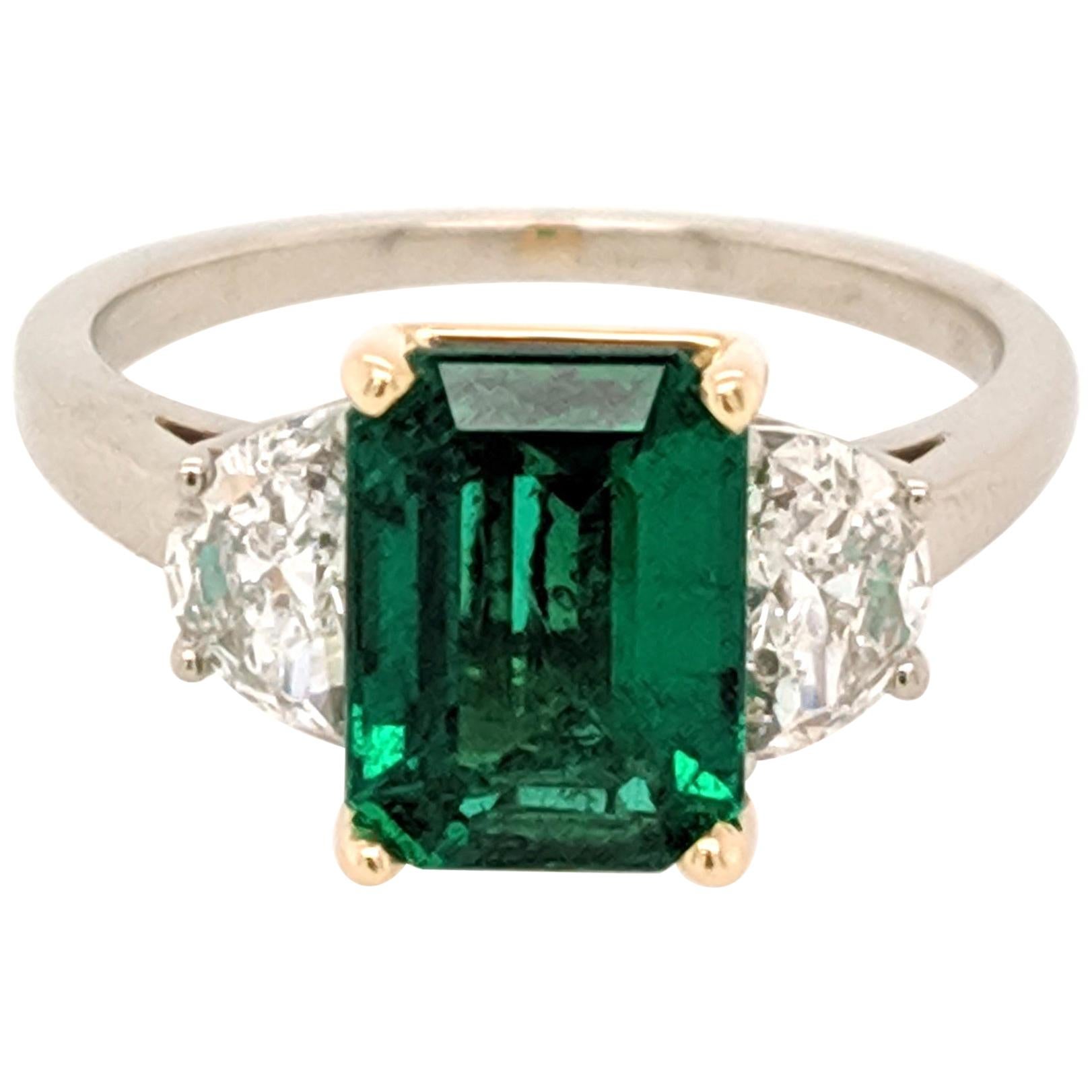 2.05 Zambian Emerald Diamond 3-Stone Ring For Sale