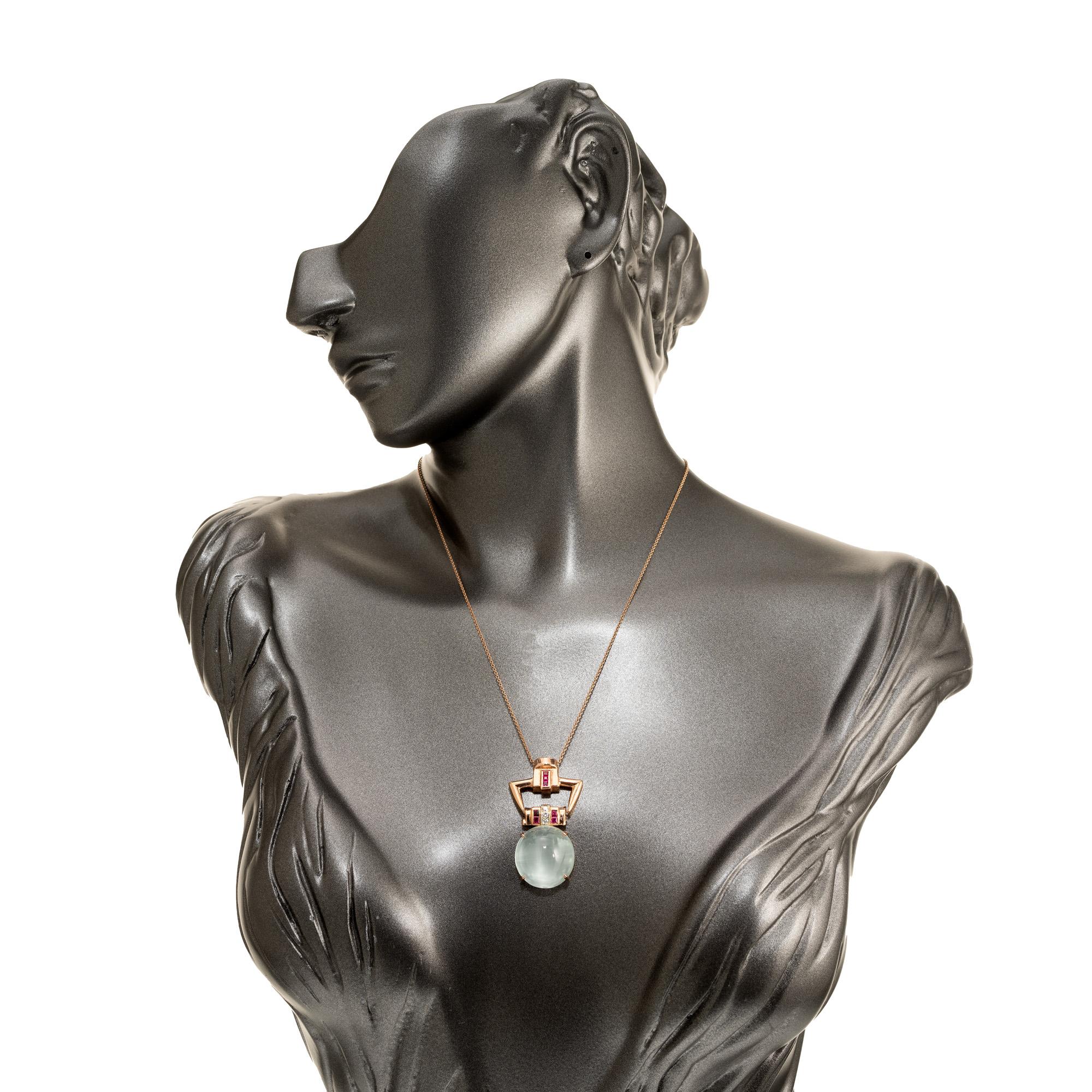 20,50 Karat Aqua Diamant Rubin Art Deco Roségold Anhänger Halskette Damen im Angebot