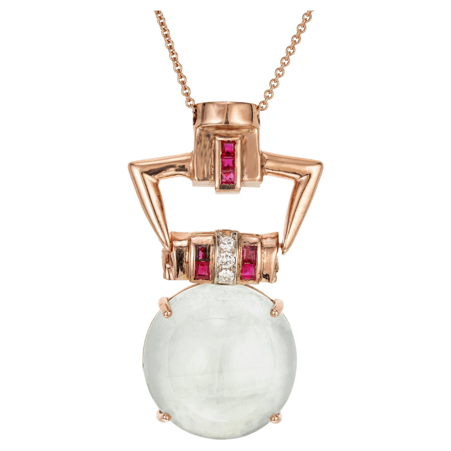 20.50 Carat Aqua Diamond Ruby Art Deco Rose Gold Pendant Necklace