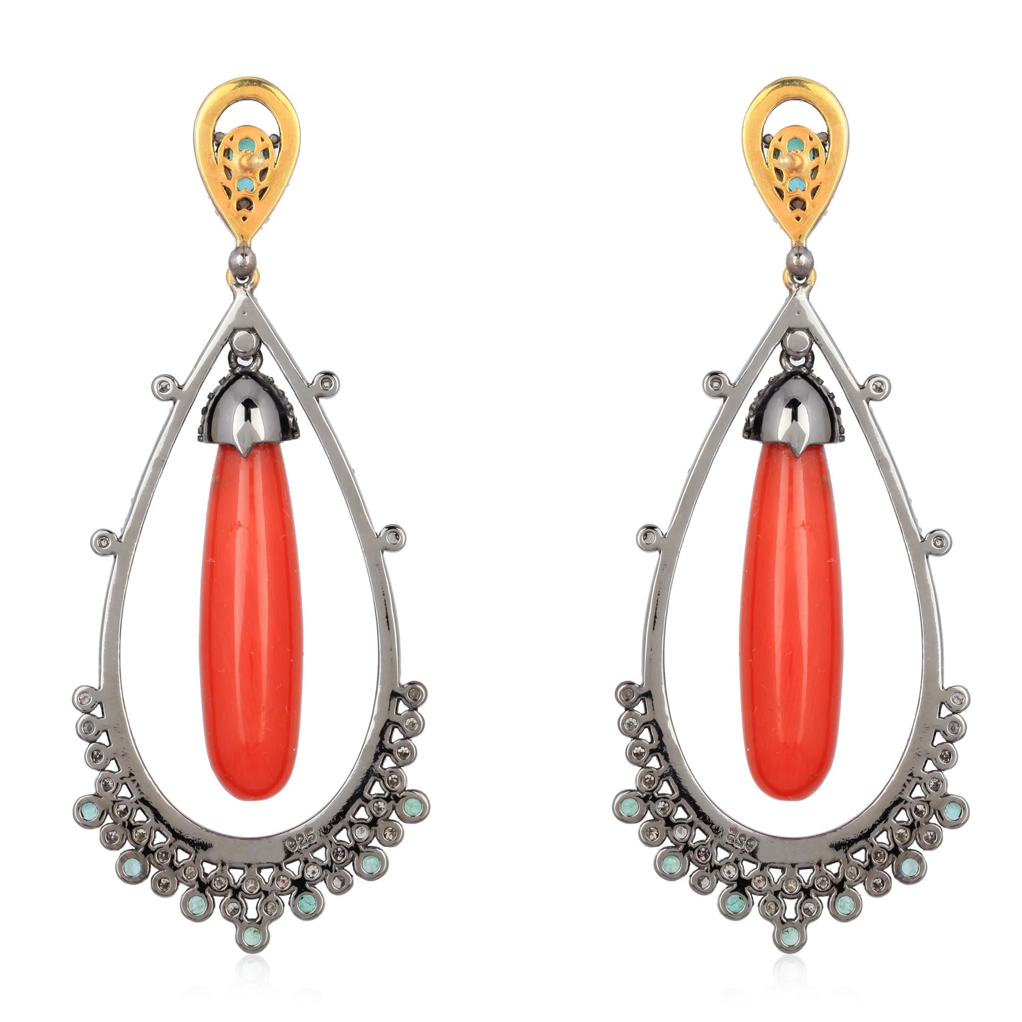 These stunning earrings are crafted in 18-karat gold and sterling silver. It is hand set in 20.50 carats coral, 2.16 carats emerald and 1.81 carats of glimmering diamonds.

FOLLOW  MEGHNA JEWELS storefront to view the latest collection & exclusive