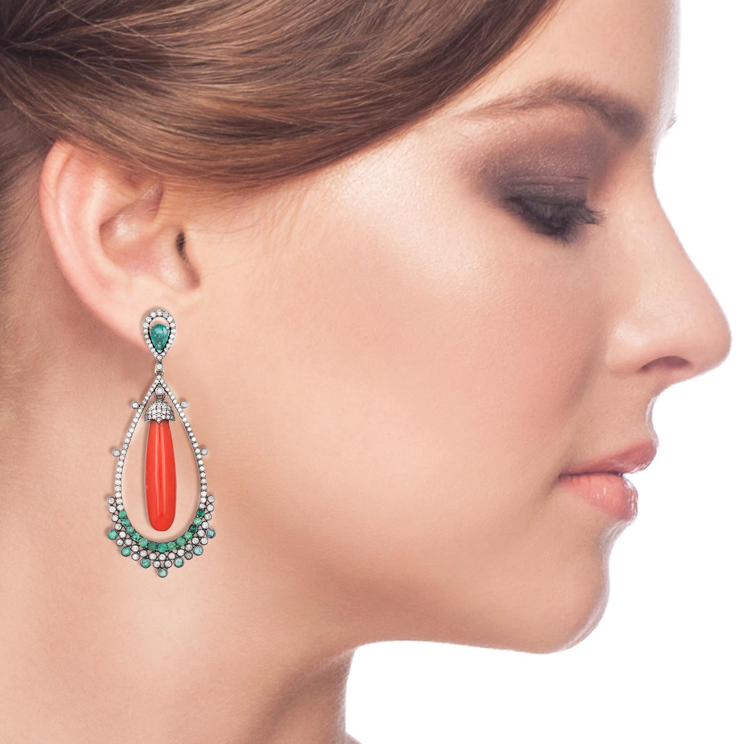 Artisan 20.50 Carat Coral Emerald Diamond Earrings For Sale