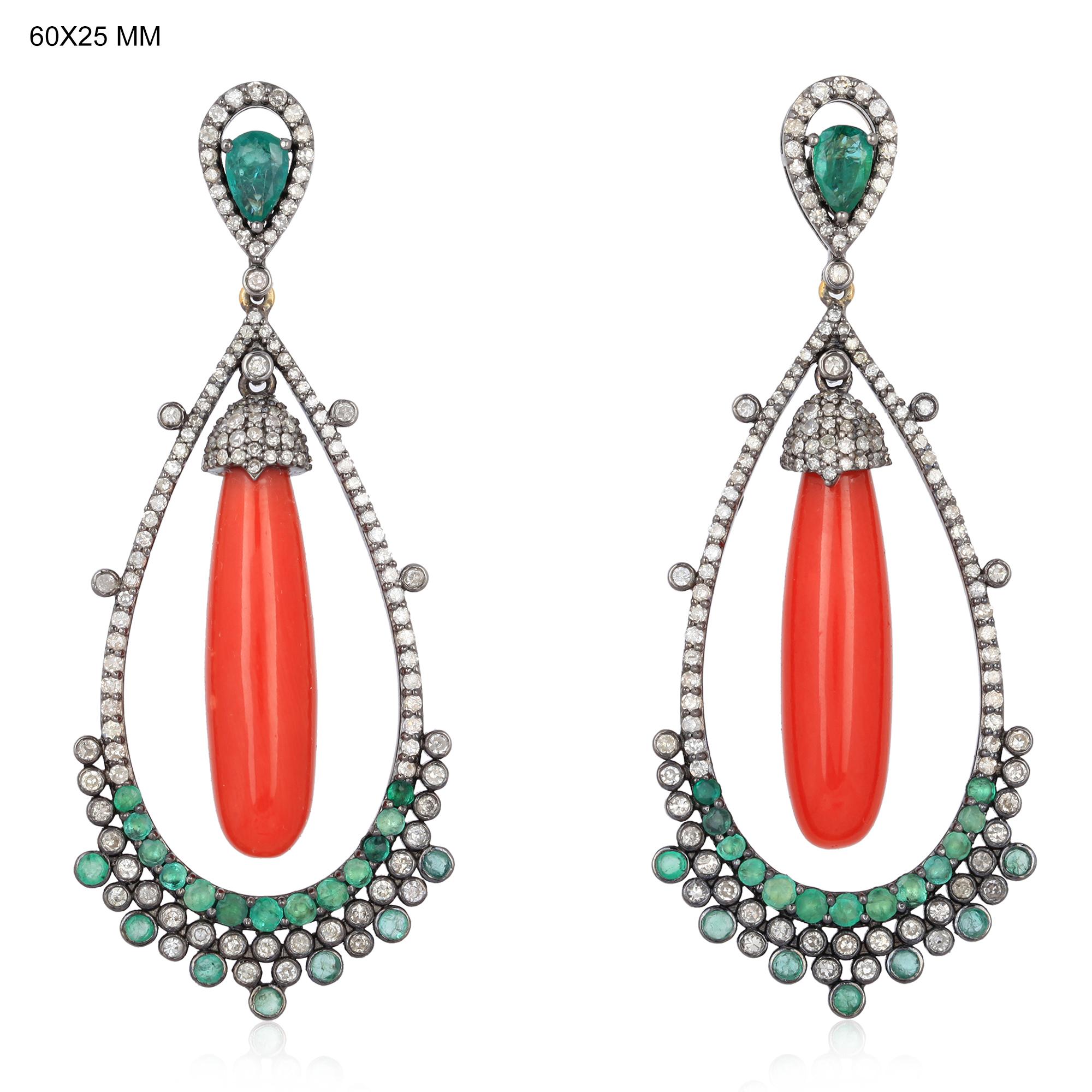 Cabochon 20.50 Carat Coral Emerald Diamond Earrings For Sale