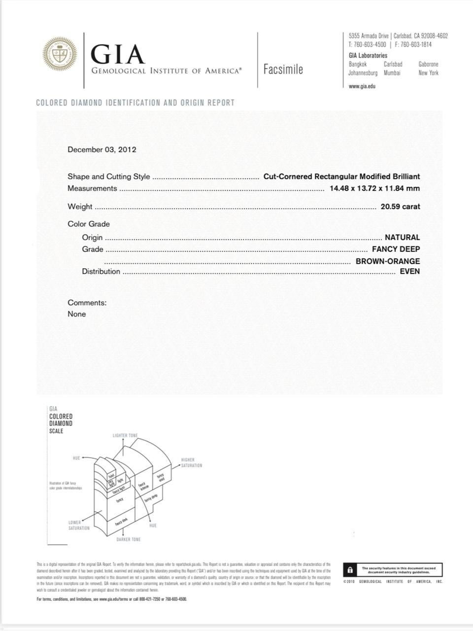 Bague en diamant radiant de 20,50 carats de couleur brun-orange, certifié GIA Neuf - En vente à New York, NY