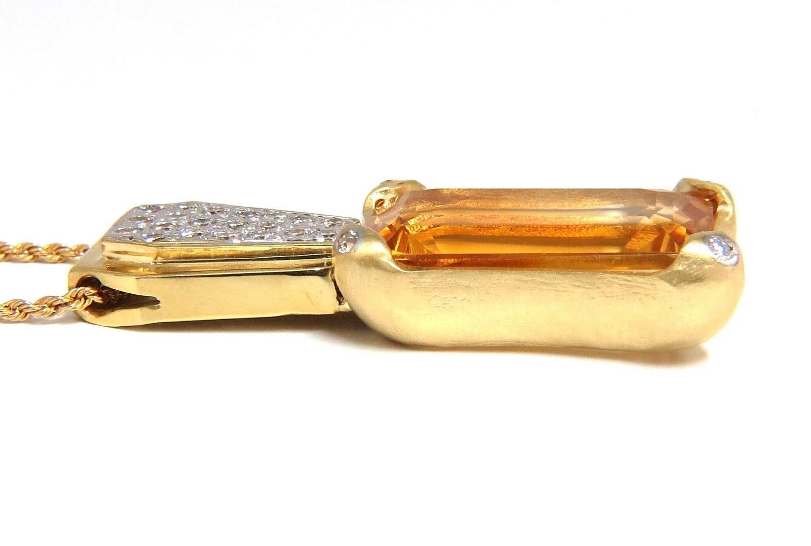 Handmade Citrine Necklace.

20ct. Natural Honey color citrine
Brilliant Emereld

Emerald cut.

Clean Clarity

25  x 14.5mm


Side natural diamonds:
.50ct. 

Rounds, full cuts.

G-color, Vs-2 clarity

14kt. yellow gold

Excellent sparkle 

24 grams.