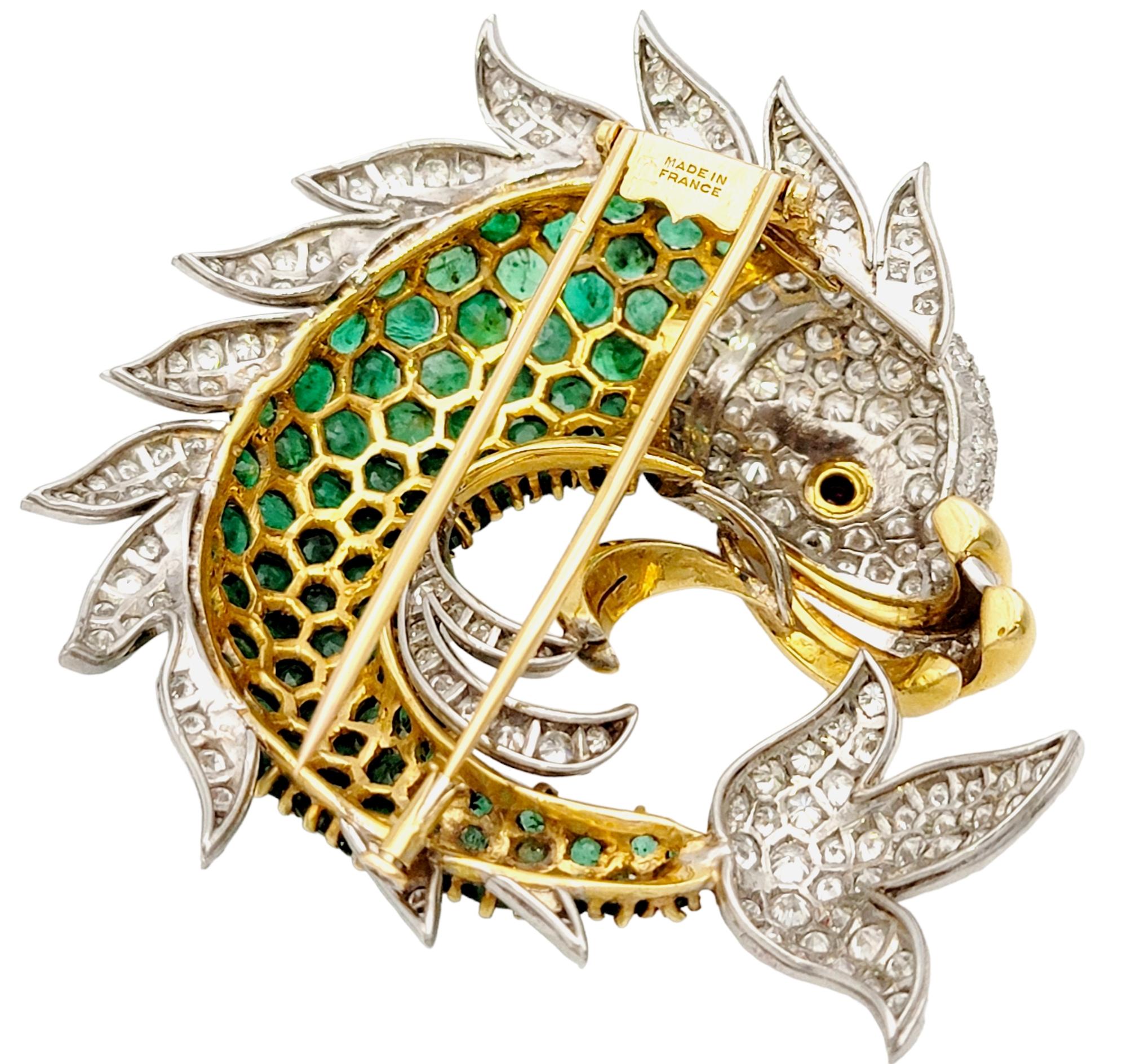 20.50 Carats Total Emerald, Diamond and Ruby Fish Brooch in 18 Karat Gold  For Sale 4