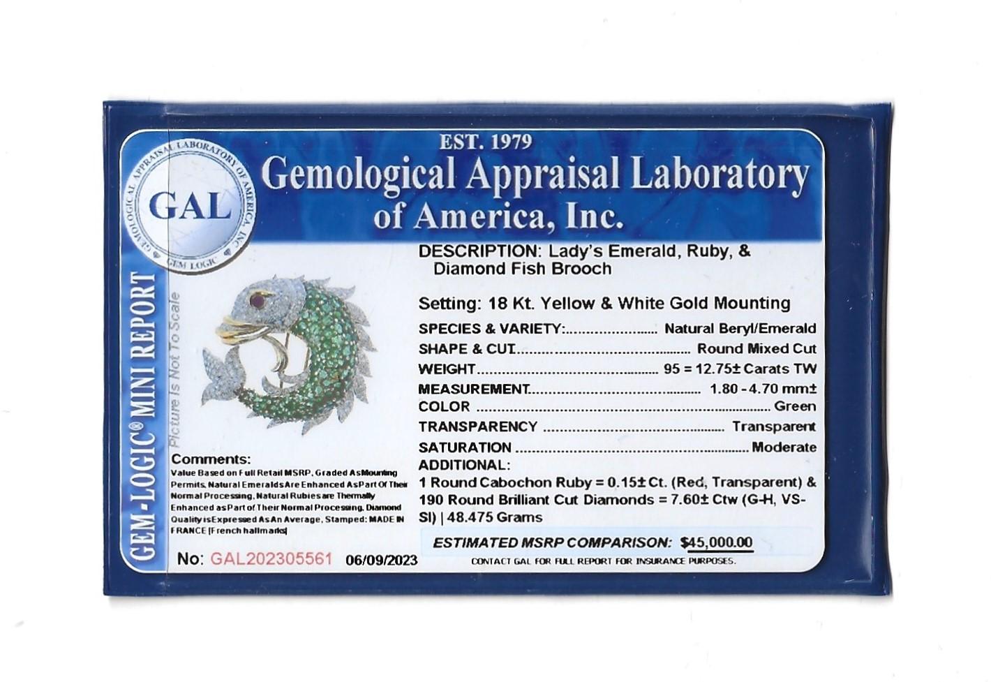 20,50 Karat Smaragd-, Diamant- und Rubin-Fischbrosche aus 18 Karat Gold im Angebot 8