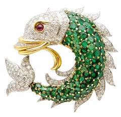 20.50 Carats Total Emerald, Diamond and Ruby Fish Brooch in 18 Karat Gold