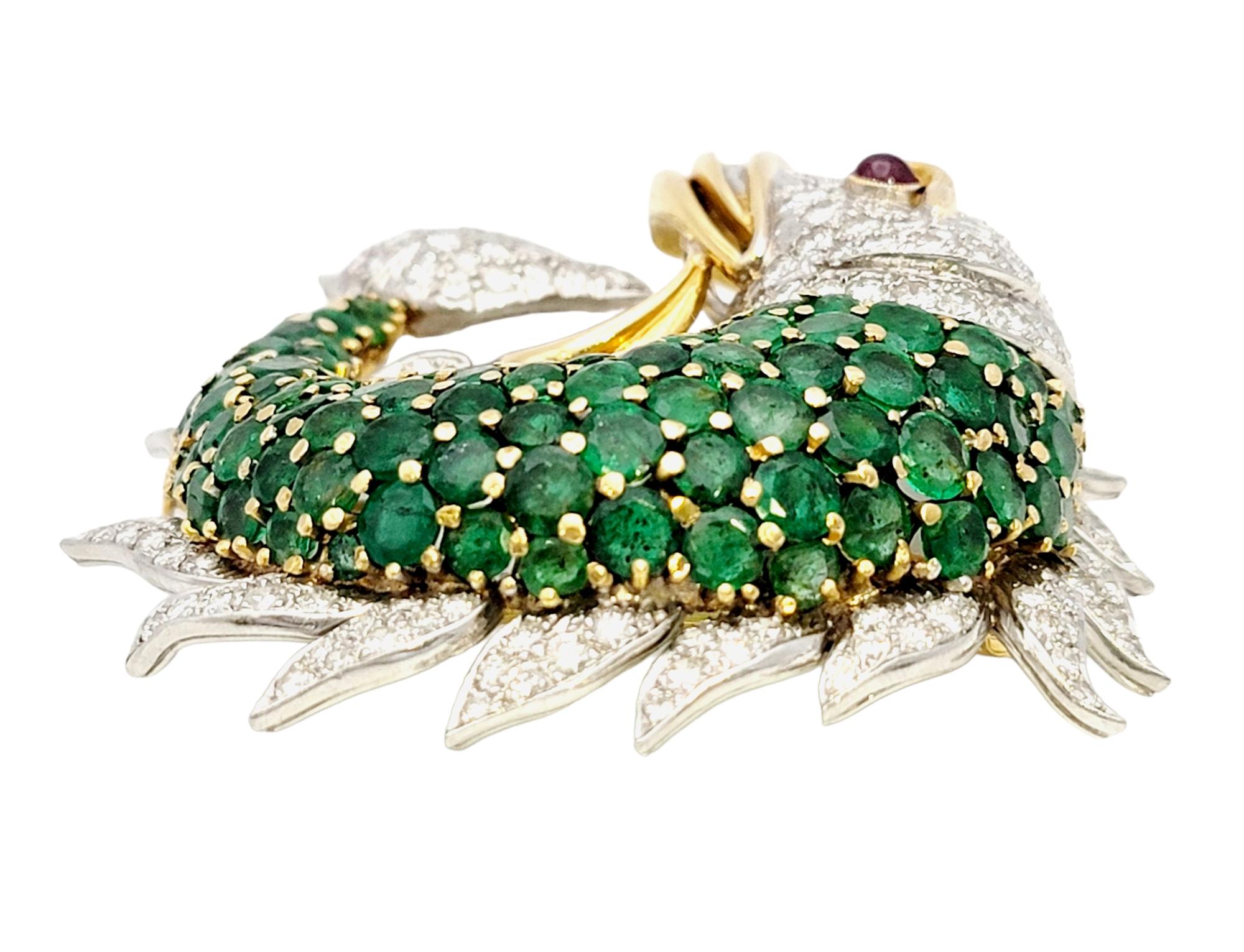 Women's 20.50 Carats Total Emerald, Diamond and Ruby Fish Brooch in 18 Karat Gold  For Sale