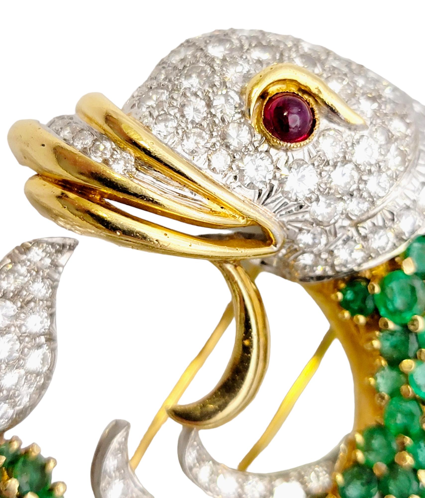 20.50 Carats Total Emerald, Diamond and Ruby Fish Brooch in 18 Karat Gold  For Sale 1