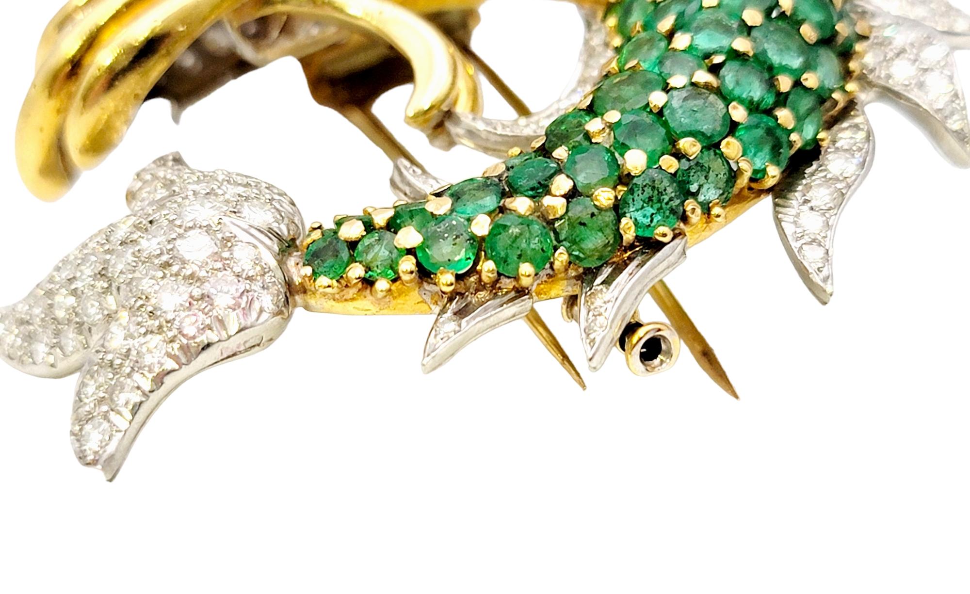 20.50 Carats Total Emerald, Diamond and Ruby Fish Brooch in 18 Karat Gold  For Sale 3