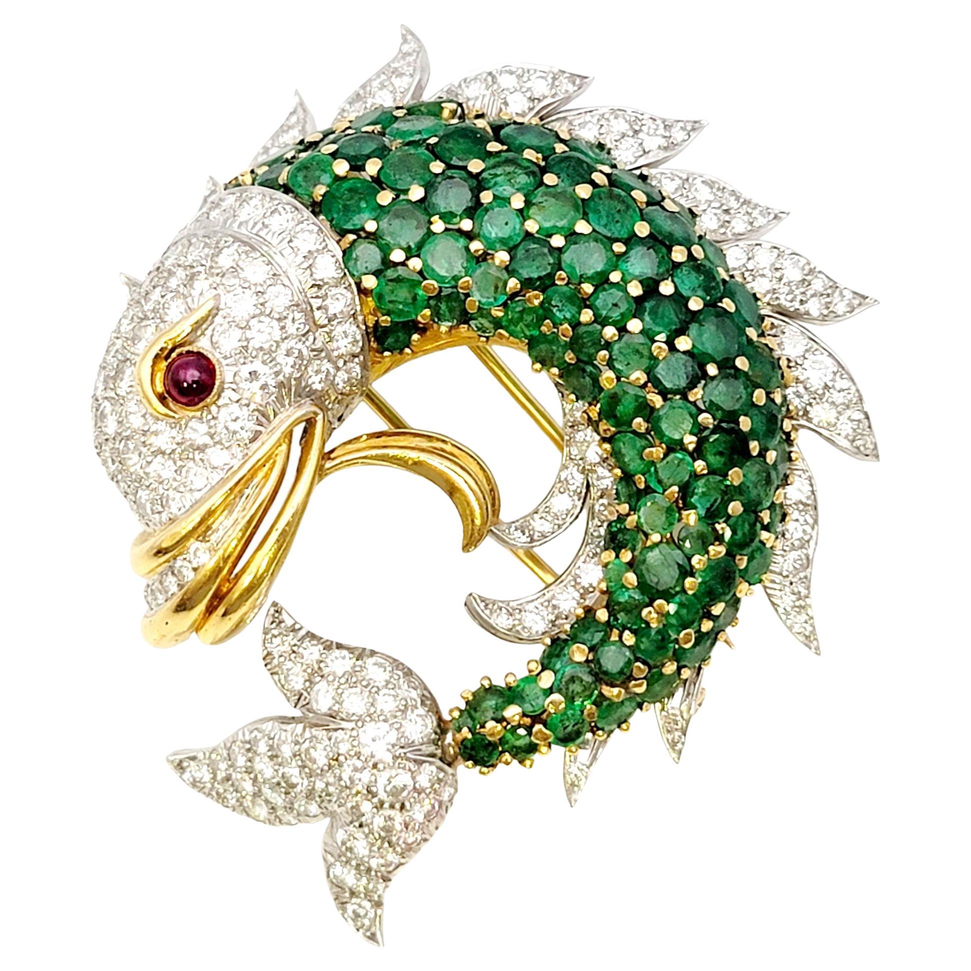 20.50 Carats Total Emerald, Diamond and Ruby Fish Brooch in 18 Karat Gold 