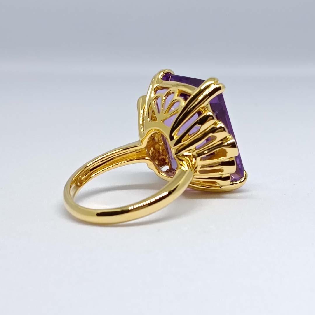 Women's 20.50 cts Big Amethyst octagon ring. Sterling silver on 18K goldplated. For Sale