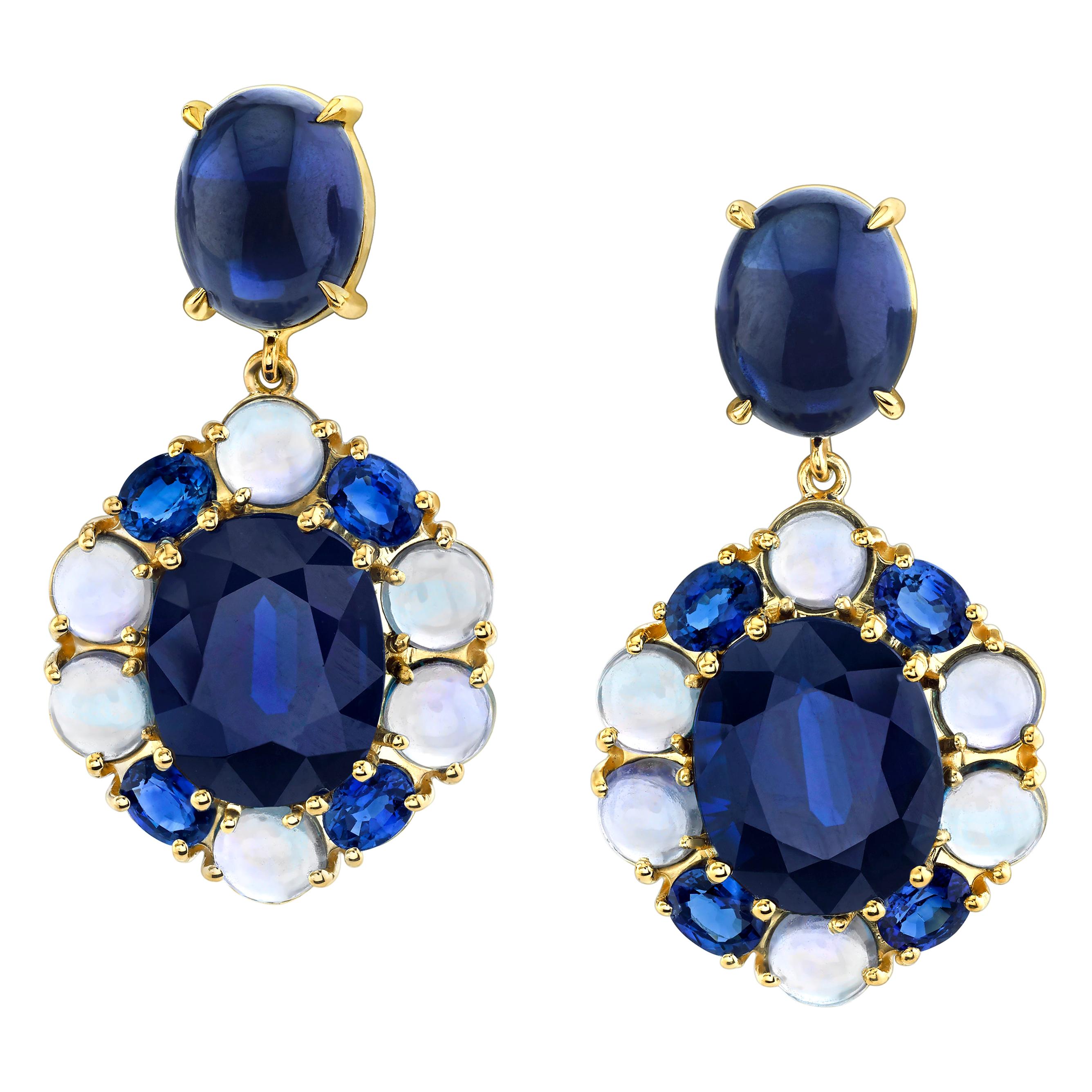 20.51 ct. t.w. Blue Sapphire Faceted, Cabochon Yellow Gold Dangle Drop Earrings