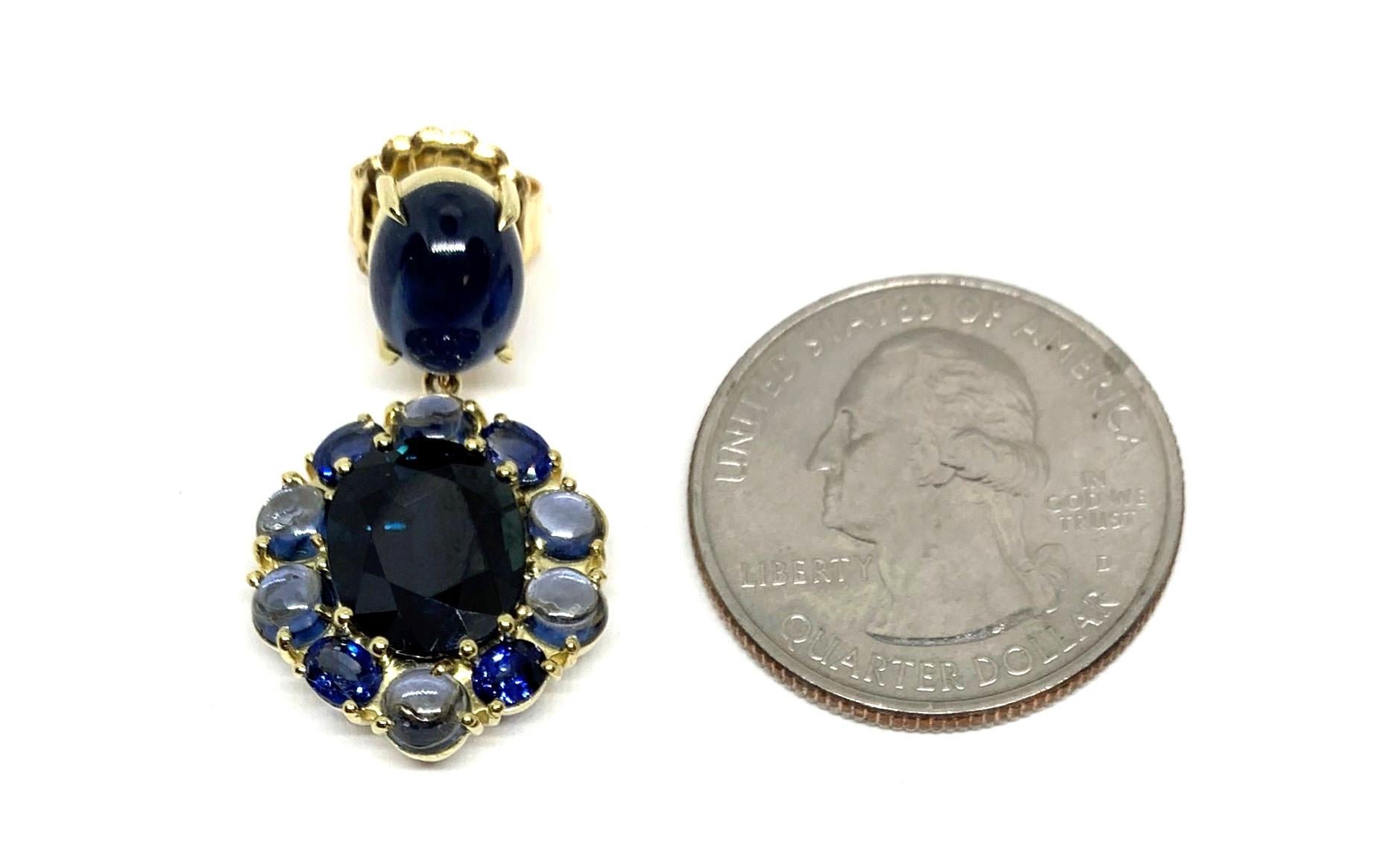 20.51 ct. t.w. Blue Sapphire Faceted, Cabochon Yellow Gold Dangle Drop Earrings In New Condition In Los Angeles, CA