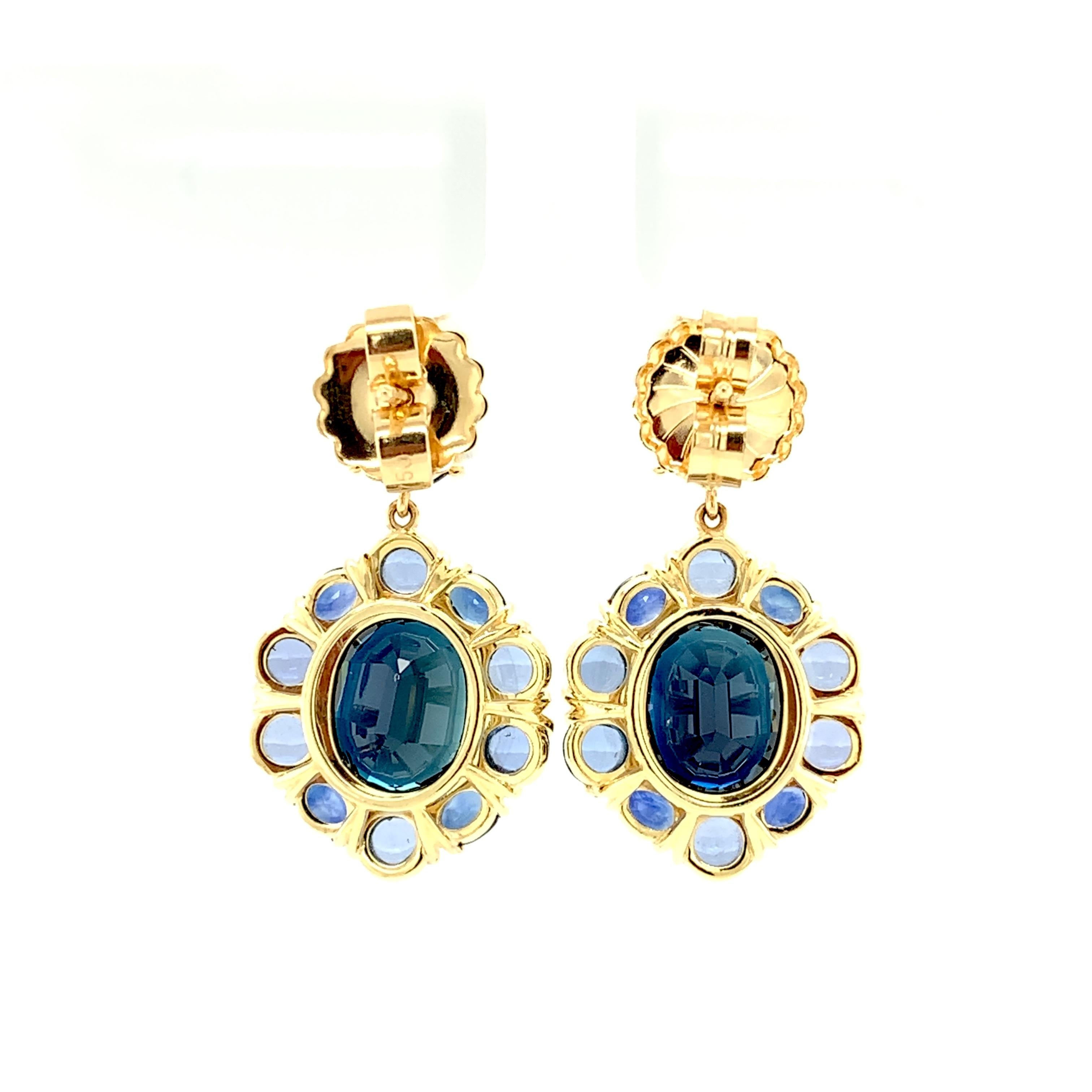 Oval Cut 20.51 ct. t.w. Blue Sapphire Faceted, Cabochon Yellow Gold Dangle Drop Earrings