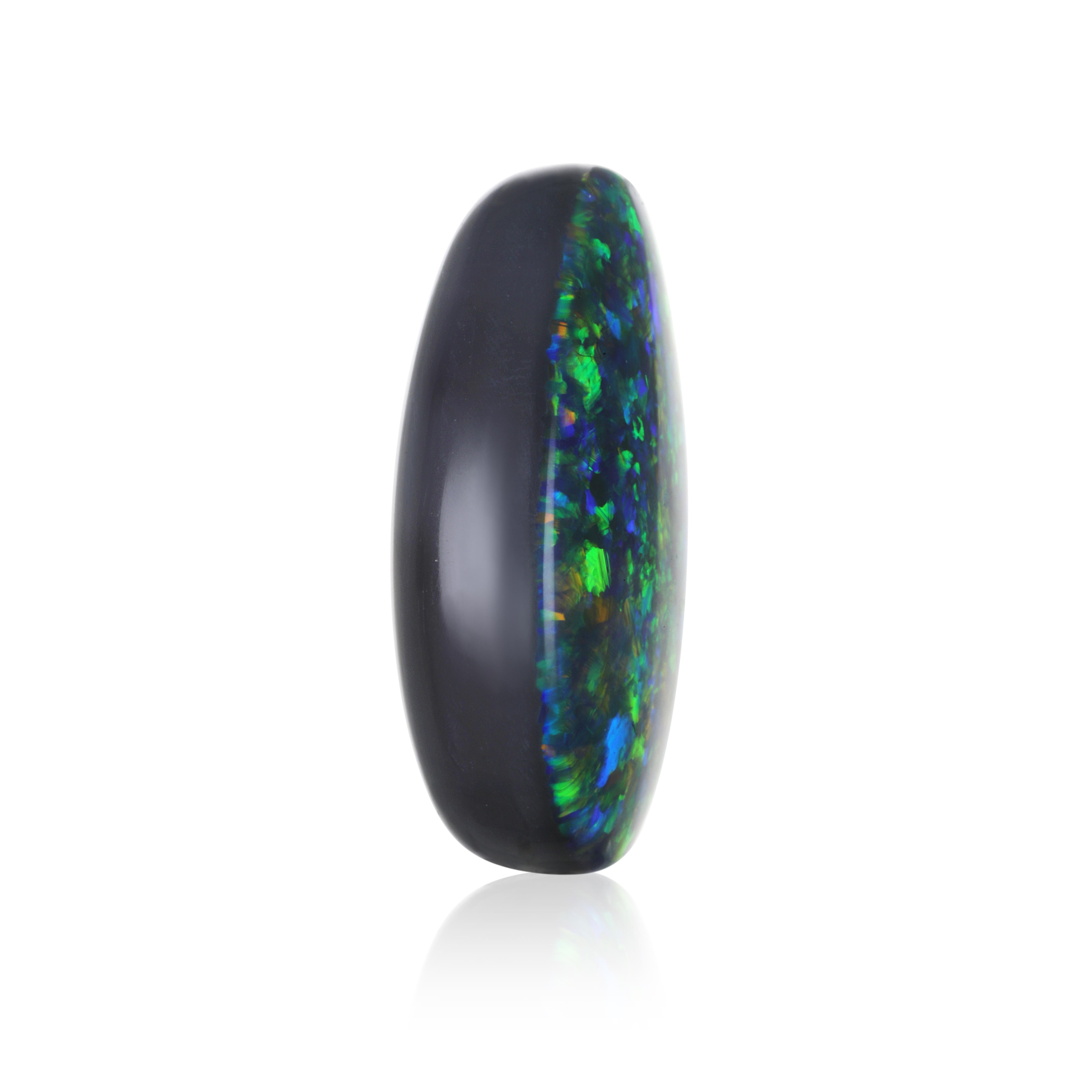 Black Opal from Lightning Ridge, Australia is one of the rarest gemstones on earth.
Spectacular in size, color, shape and exhibiting a full rainbow of colors, this 20.54-carat oval Black Opal is a gem-quality stone for the avid collector or jewelry