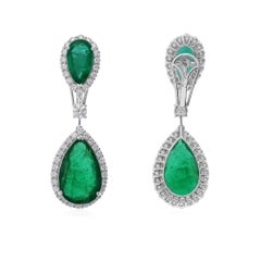 20.54Ct Pear Emerald Dangle Drop Earrings 2.63Ct Halo Diamond 14k White Gold