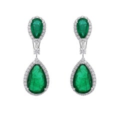 20.54Ct Pear Emerald Dangle Drop Earrings 2.63Ct Halo Diamond 14k White Gold