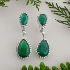 20.54Ct Pear Emerald Dangle Drop Earrings 2.63Ct Halo Diamond 18k White Gold