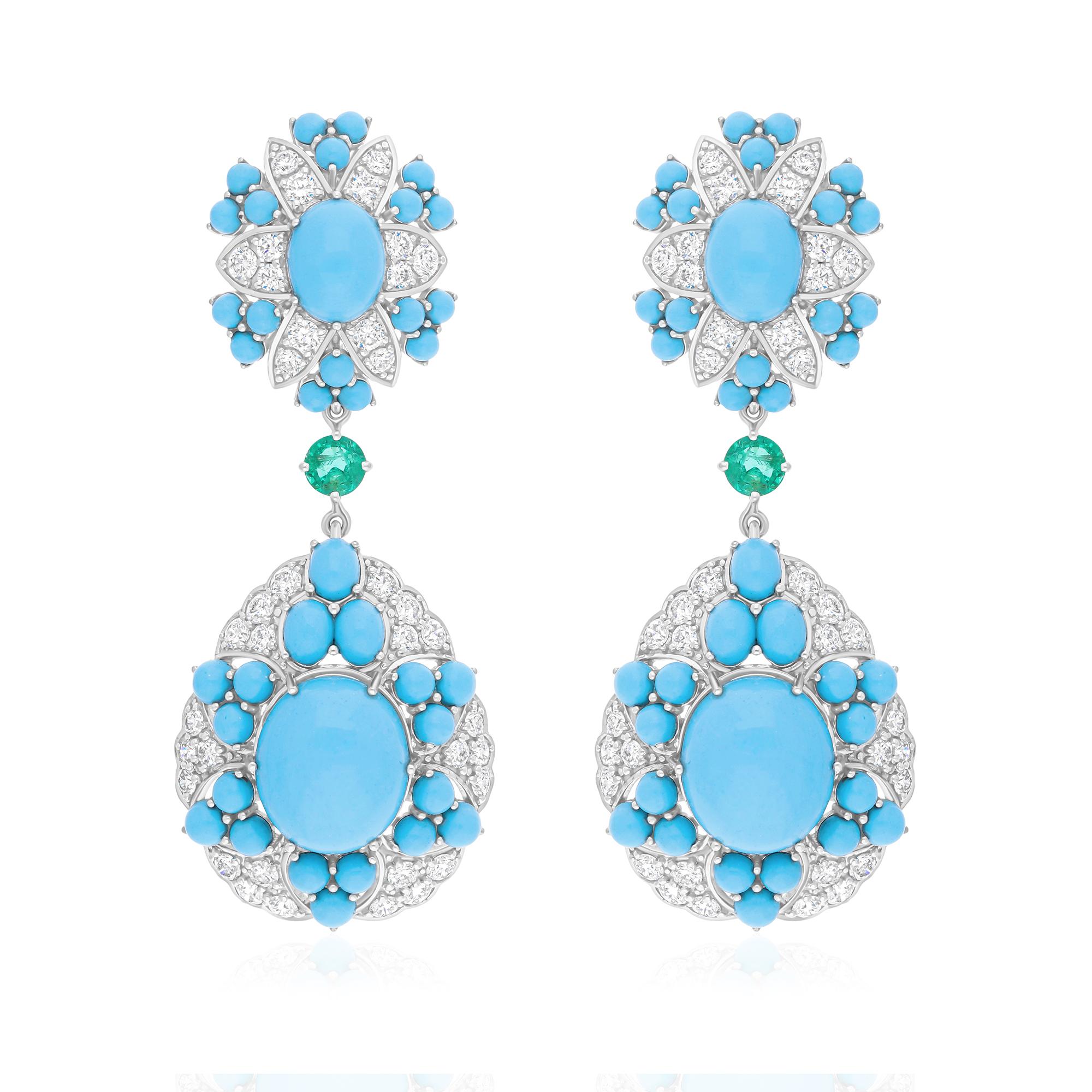 20.54 Ct Turquoise & Emerald Drop 3.45 Ct Diamond Anniversary Earrings 14K Gold In New Condition For Sale In Diera, Dubai