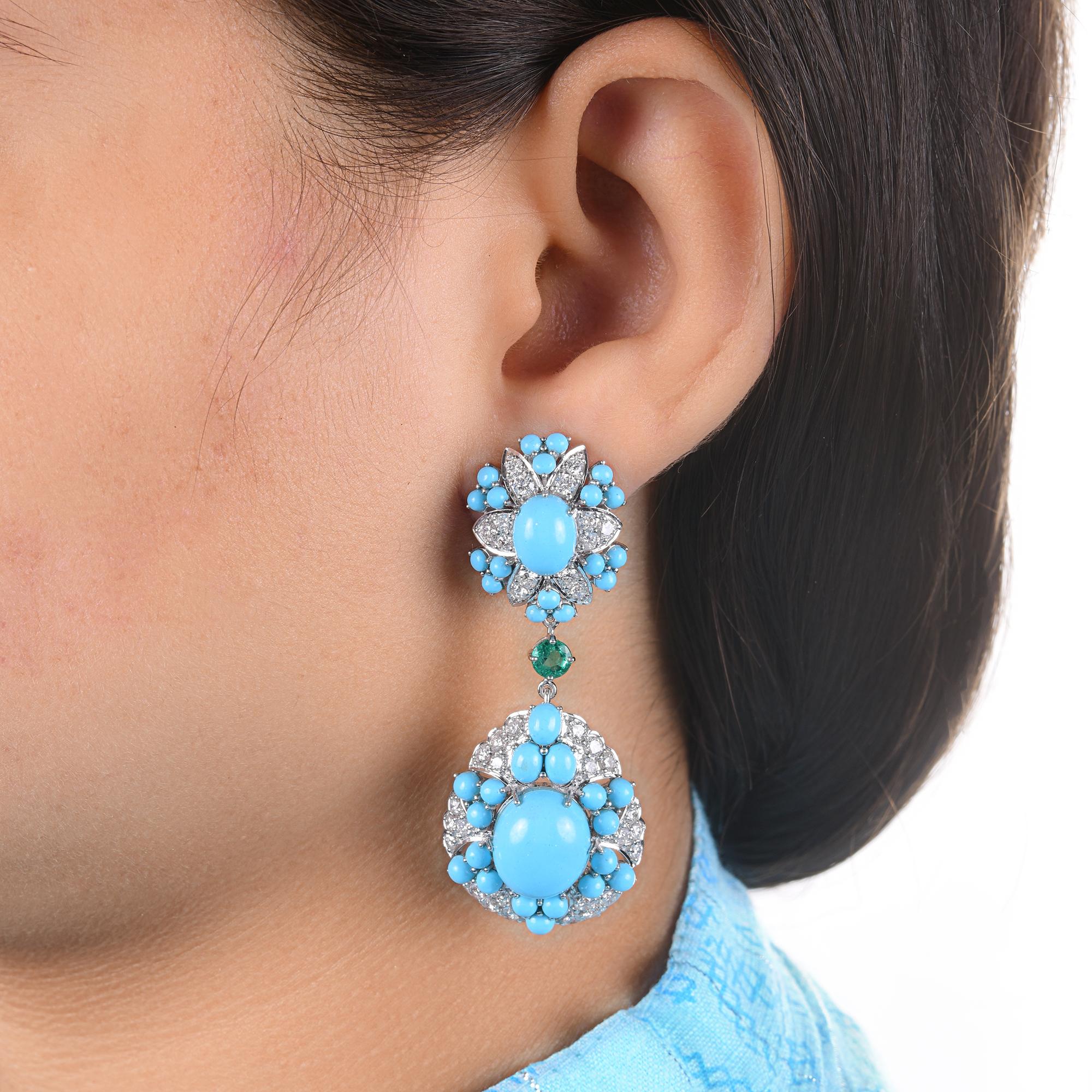 20.54 Ct Turquoise & Emerald Drop 3.45 Ct Diamond Anniversary Earrings 14K Gold For Sale 1