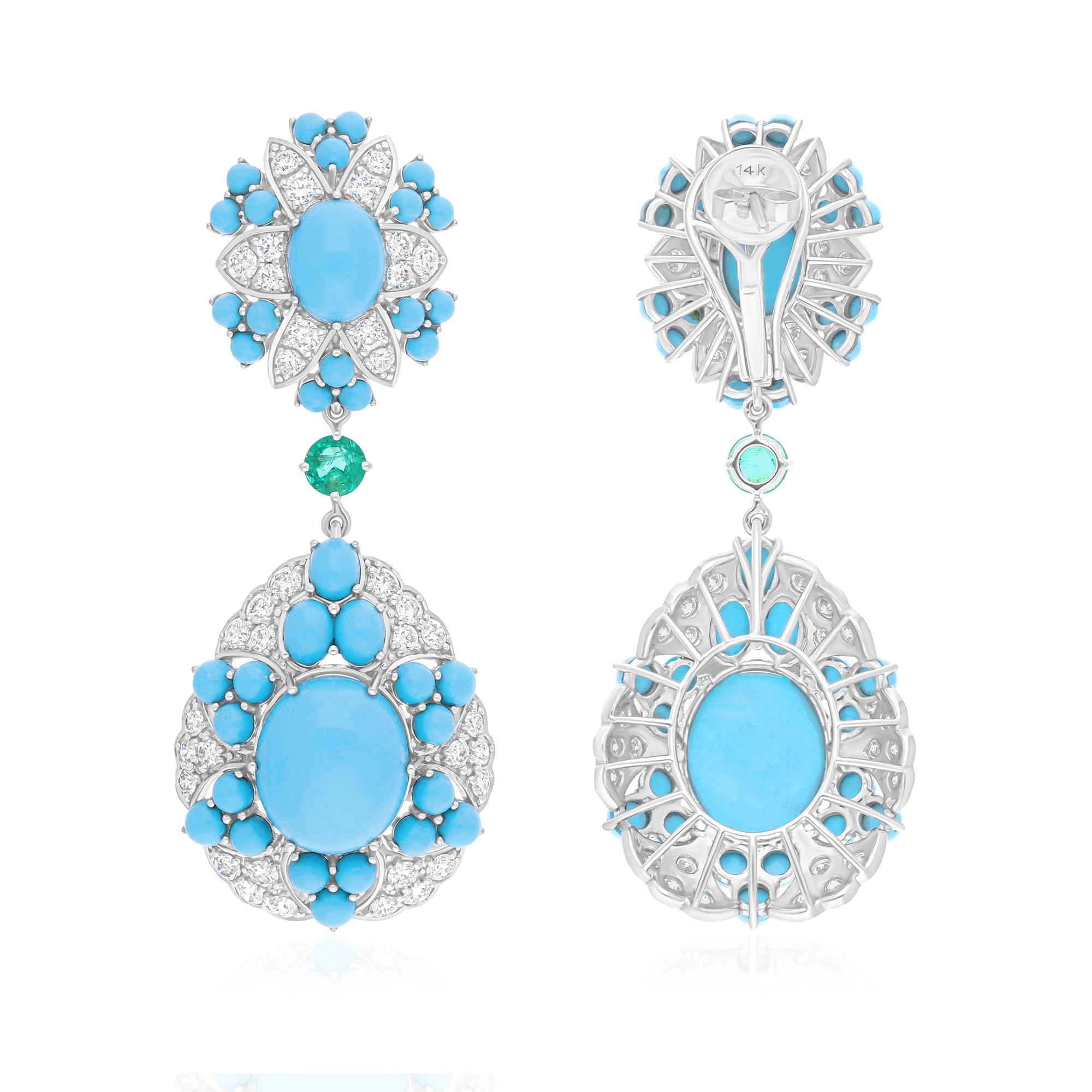 20.54 Ct Turquoise & Emerald Drop 3.45 Ct Diamond Anniversary Earrings 14K Gold For Sale 2