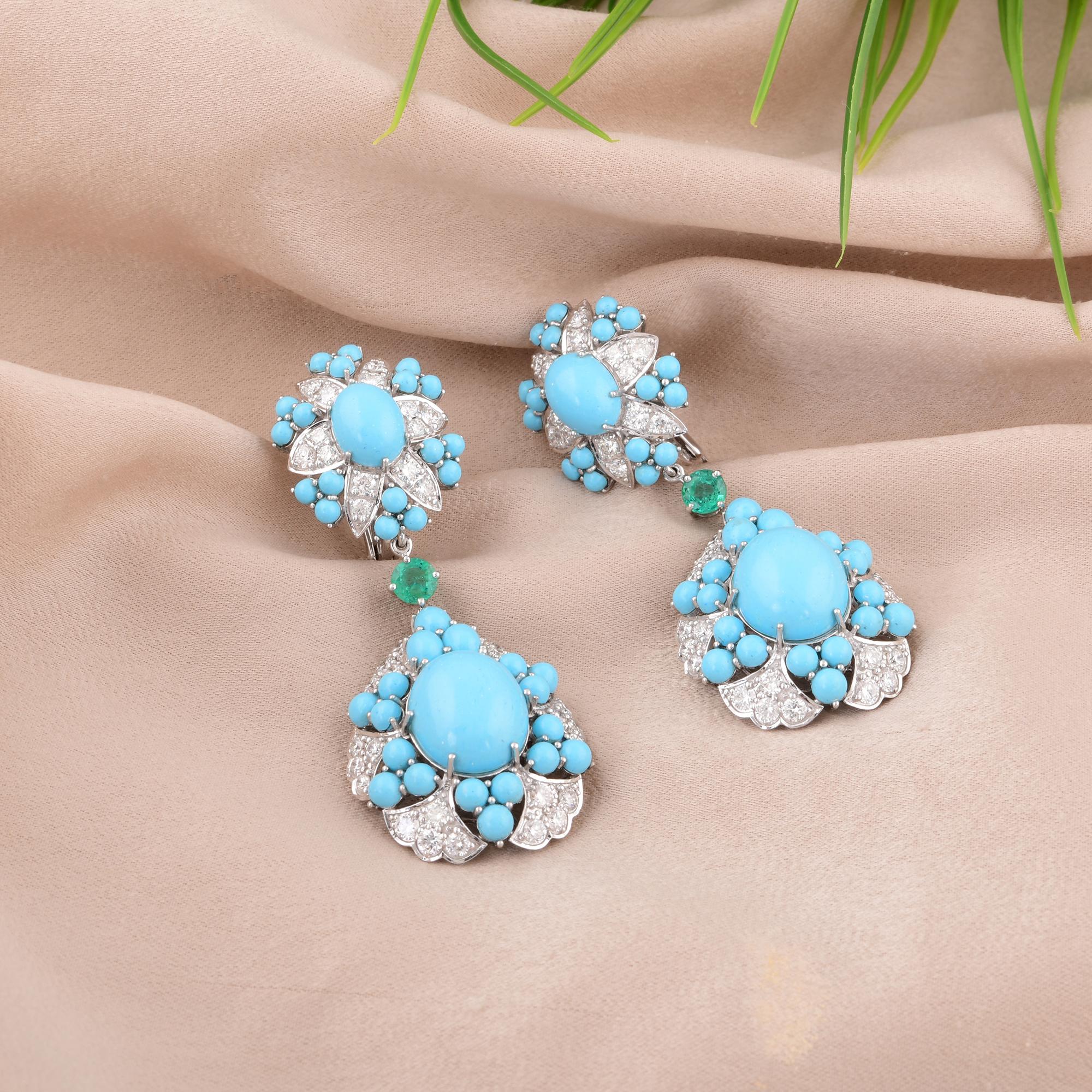 20.54 Ct Turquoise & Emerald Drop 3.45 Ct Diamond Anniversary Earrings 14K Gold For Sale 3