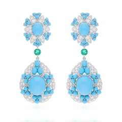 20.54 Ct Turquoise & Emerald Drop 3.45 Ct Diamond Anniversary Earrings 14K Gold