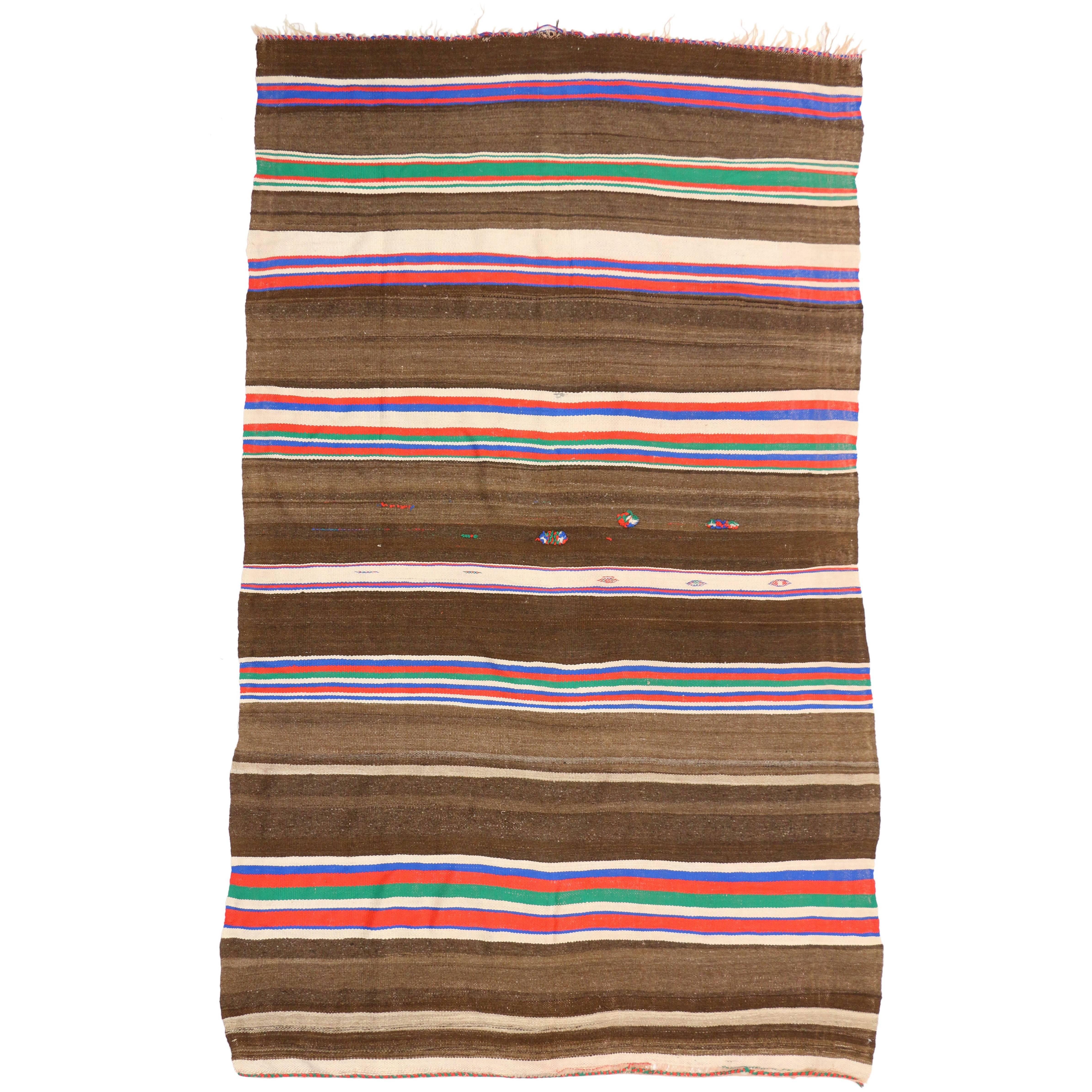 Vintage Berber Striped Moroccan Kilim Rug with Tribal Style