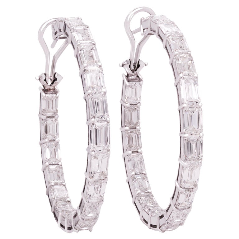 20.58 Carat Emerald Cut Diamonds 18K White Gold Inside-Out Hoop Earrings For Sale
